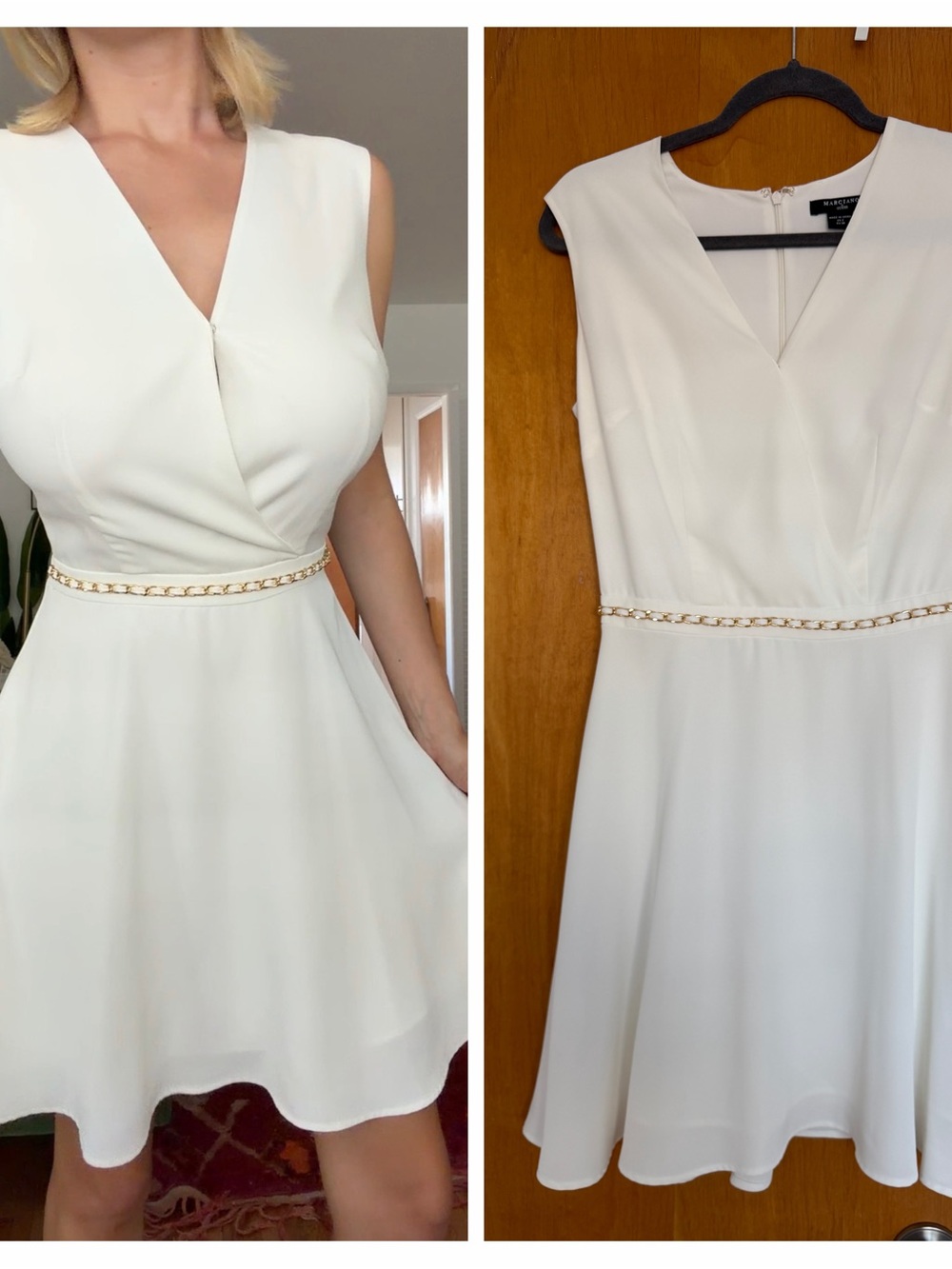 Marciano White Sleeveless V-Neck Mini Dress with Gold Chain Waist